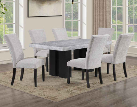 Artemis 5 Piece 70″ Rectangular Gray Marble Table, Black Finish with 4 Gray Chenille Chairs by Steve Silver at Eve Furniture