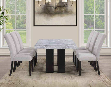 Artemis 5 Piece 70″ Rectangular Gray Marble Table, Black Finish with 4 Gray Chenille Chairs by Steve Silver at Eve Furniture