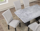 Artemis 5 Piece 70″ Rectangular Gray Marble Table, Black Finish with 4 Gray Chenille Chairs by Steve Silver at Eve Furniture