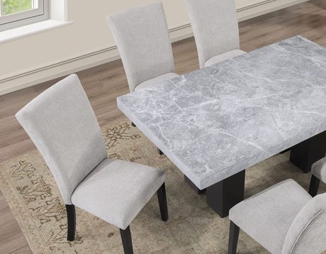 Artemis 5 Piece 70″ Rectangular Gray Marble Table, Black Finish with 4 Gray Chenille Chairs by Steve Silver at Eve Furniture