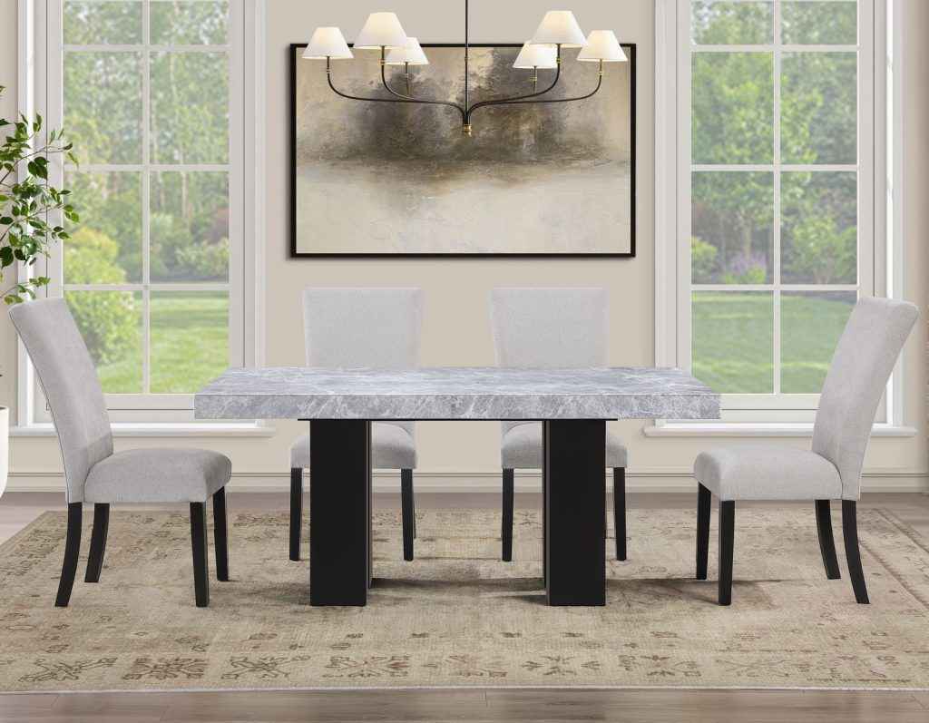 Artemis 5 Piece 70″ Rectangular Gray Marble Table, Black Finish with 4 Gray Chenille Chairs by Steve Silver at Eve Furniture