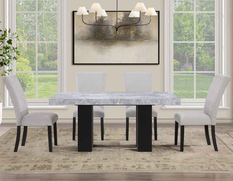 Artemis 5 Piece 70″ Rectangular Gray Marble Table, Black Finish with 4 Gray Chenille Chairs by Steve Silver at Eve Furniture