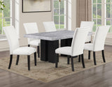 Artemis 5-Piece Dining Room Set 70″ Rect Gray Marble Table, Black Finish w/4 White Vegan Leather Chairs by Steve Silver at Eve Furniture
