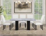 Artemis 5-Piece Dining Room Set 70″ Rect Gray Marble Table, Black Finish w/4 White Vegan Leather Chairs by Steve Silver at Eve Furniture