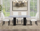 Artemis 5-Piece Dining Room Set 70″ Rect Gray Marble Table, Black Finish w/4 White Vegan Leather Chairs by Steve Silver at Eve Furniture