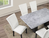 Artemis 5-Piece Dining Room Set 70″ Rect Gray Marble Table, Black Finish w/4 White Vegan Leather Chairs by Steve Silver at Eve Furniture