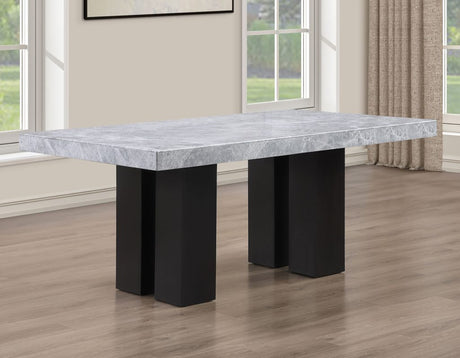 Artemis 5-Piece Dining Room Set 70″ Rect Gray Marble Table, Black Finish w/4 White Vegan Leather Chairs by Steve Silver at Eve Furniture