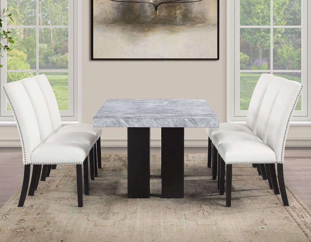 Artemis 5-Piece Dining Room Set 70″ Rect Gray Marble Table, Black Finish w/4 White Vegan Leather Chairs by Steve Silver at Eve Furniture