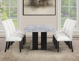 Artemis 5-Piece Dining Room Set 70″ Rect Gray Marble Table, Black Finish w/4 White Vegan Leather Chairs by Steve Silver at Eve Furniture