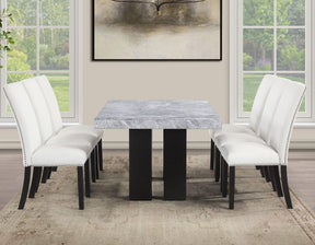 Artemis 5-Piece Dining Room Set 70″ Rect Gray Marble Table, Black Finish w/4 White Vegan Leather Chairs by Steve Silver at Eve Furniture
