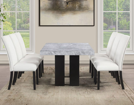 Artemis 5-Piece Dining Room Set 70″ Rect Gray Marble Table, Black Finish w/4 White Vegan Leather Chairs by Steve Silver at Eve Furniture