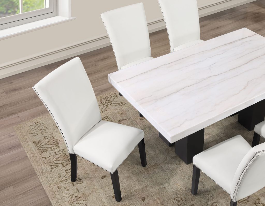 Artemis 5-Piece Dining Room Set 70″ Rect White Marble Table, Black Finish w/4 White Vegan Leather Chairs by Steve Silver at Eve Furniture