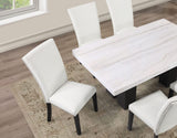 Artemis 5-Piece Dining Room Set 70″ Rect White Marble Table, Black Finish w/4 White Vegan Leather Chairs by Steve Silver at Eve Furniture