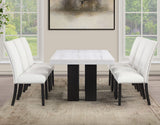 Artemis 5-Piece Dining Room Set 70″ Rect White Marble Table, Black Finish w/4 White Vegan Leather Chairs by Steve Silver at Eve Furniture