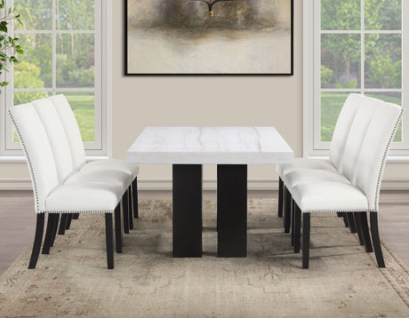 Artemis 5-Piece Dining Room Set 70″ Rect White Marble Table, Black Finish w/4 White Vegan Leather Chairs by Steve Silver at Eve Furniture