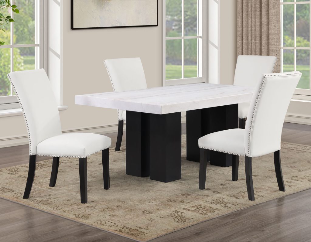 Artemis 5-Piece Dining Room Set 70″ Rect White Marble Table, Black Finish w/4 White Vegan Leather Chairs by Steve Silver at Eve Furniture