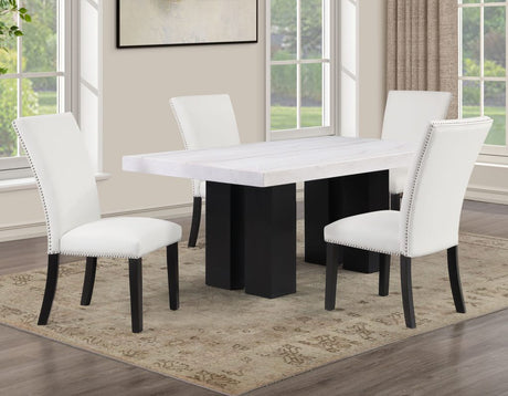 Artemis 5-Piece Dining Room Set 70″ Rect White Marble Table, Black Finish w/4 White Vegan Leather Chairs by Steve Silver at Eve Furniture