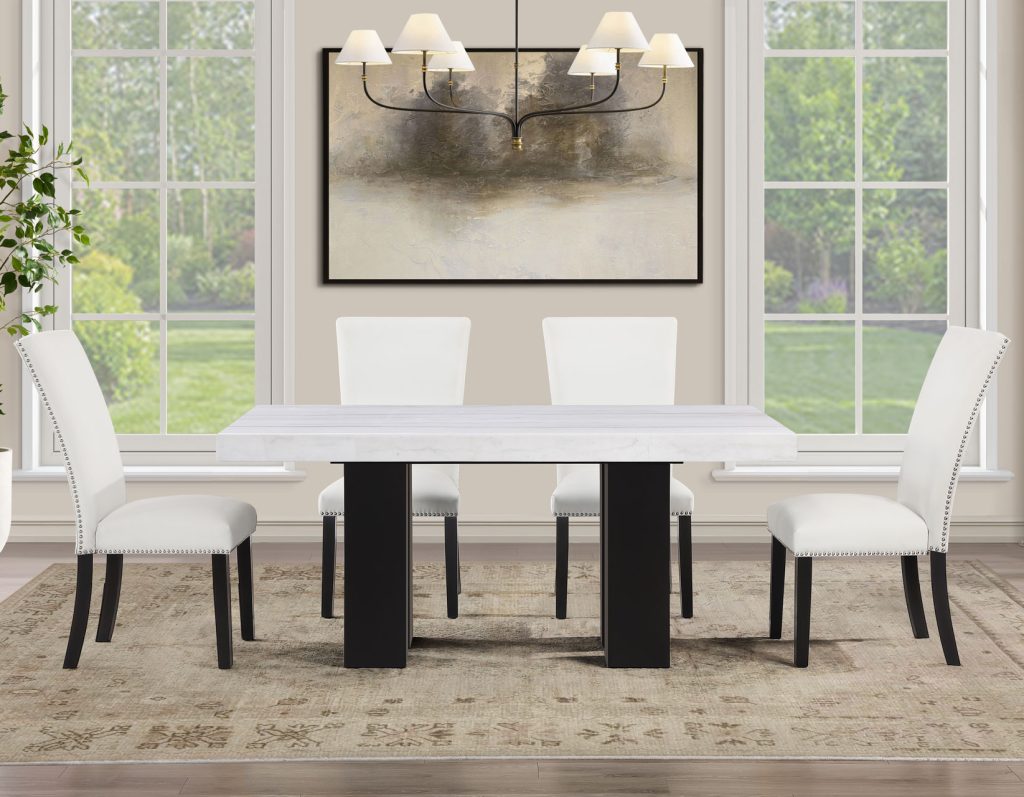 Artemis 5-Piece Dining Room Set 70″ Rect White Marble Table, Black Finish w/4 White Vegan Leather Chairs by Steve Silver at Eve Furniture