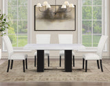 Artemis 5-Piece Dining Room Set 70″ Rect White Marble Table, Black Finish w/4 White Vegan Leather Chairs by Steve Silver at Eve Furniture