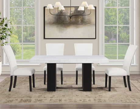 Artemis 5-Piece Dining Room Set 70″ Rect White Marble Table, Black Finish w/4 White Vegan Leather Chairs by Steve Silver at Eve Furniture