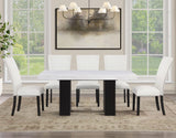 Artemis 5-Piece Dining Room Set 70″ Rect White Marble Table, Black Finish w/4 White Vegan Leather Chairs by Steve Silver at Eve Furniture