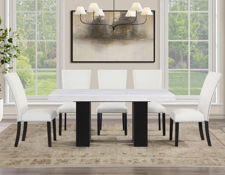 Artemis 5-Piece Dining Room Set 70″ Rect White Marble Table, Black Finish w/4 White Vegan Leather Chairs by Steve Silver at Eve Furniture