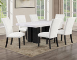 Artemis 5-Piece Dining Room Set 70″ Rect White Marble Table, Black Finish w/4 White Vegan Leather Chairs by Steve Silver at Eve Furniture