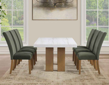 Artemis 70″ Rect White Marble Table, Tan Finish w/4 Green Velvet Chairs by Steve Silver at Eve Furniture