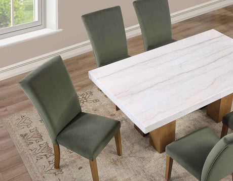 Artemis 70″ Rect White Marble Table, Tan Finish w/4 Green Velvet Chairs by Steve Silver at Eve Furniture