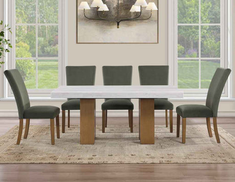Artemis 70″ Rect White Marble Table, Tan Finish w/4 Green Velvet Chairs by Steve Silver at Eve Furniture