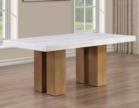 Artemis 70″ Rect White Marble Table, Tan Finish w/4 Green Velvet Chairs by Steve Silver at Eve Furniture