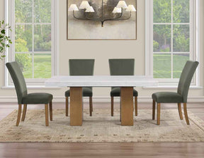 Artemis 70″ Rect White Marble Table, Tan Finish w/4 Green Velvet Chairs by Steve Silver at Eve Furniture