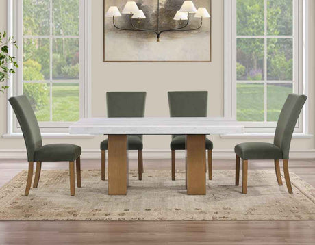 Artemis 70″ Rect White Marble Table, Tan Finish w/4 Green Velvet Chairs by Steve Silver at Eve Furniture