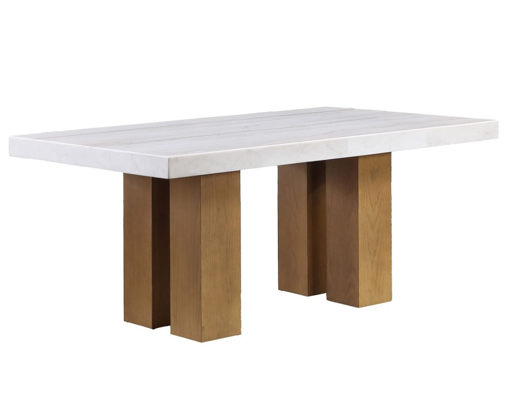 Artemis 70″ Rect White Marble Table, Tan Finish with 4 Brown Velvet Chairs by Steve Silver at Eve Furniture