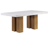 Artemis 70″ Rect White Marble Table, Tan Finish with 4 Brown Velvet Chairs by Steve Silver at Eve Furniture