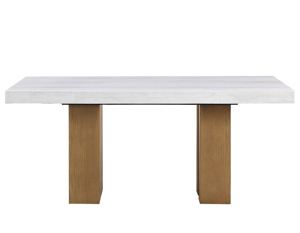 Artemis 70″ Rect White Marble Table, Tan Finish with 4 Brown Velvet Chairs by Steve Silver at Eve Furniture