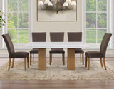 Artemis 70″ Rect White Marble Table, Tan Finish with 4 Brown Velvet Chairs by Steve Silver at Eve Furniture