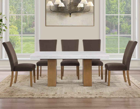 Artemis 70″ Rect White Marble Table, Tan Finish with 4 Brown Velvet Chairs by Steve Silver at Eve Furniture