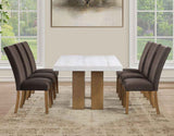 Artemis 70″ Rect White Marble Table, Tan Finish with 4 Brown Velvet Chairs by Steve Silver at Eve Furniture