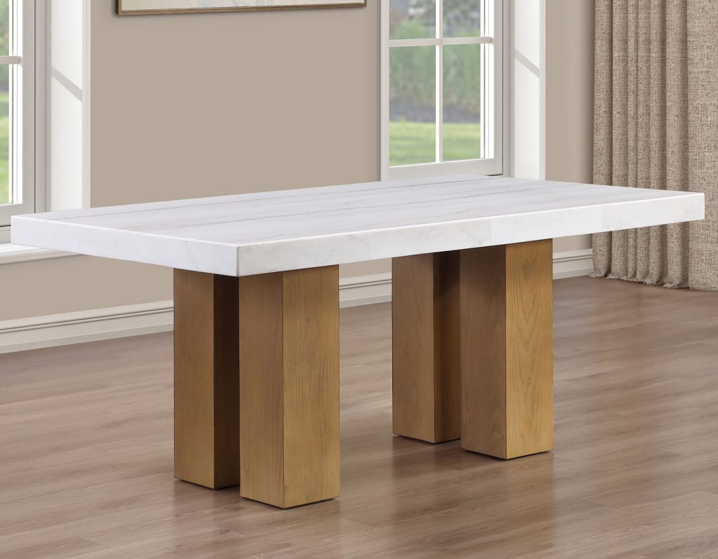 Artemis 70″ Rect White Marble Table, Tan Finish with 4 Brown Velvet Chairs by Steve Silver at Eve Furniture