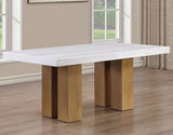 Artemis 70″ Rect White Marble Table, Tan Finish with 4 Brown Velvet Chairs by Steve Silver at Eve Furniture