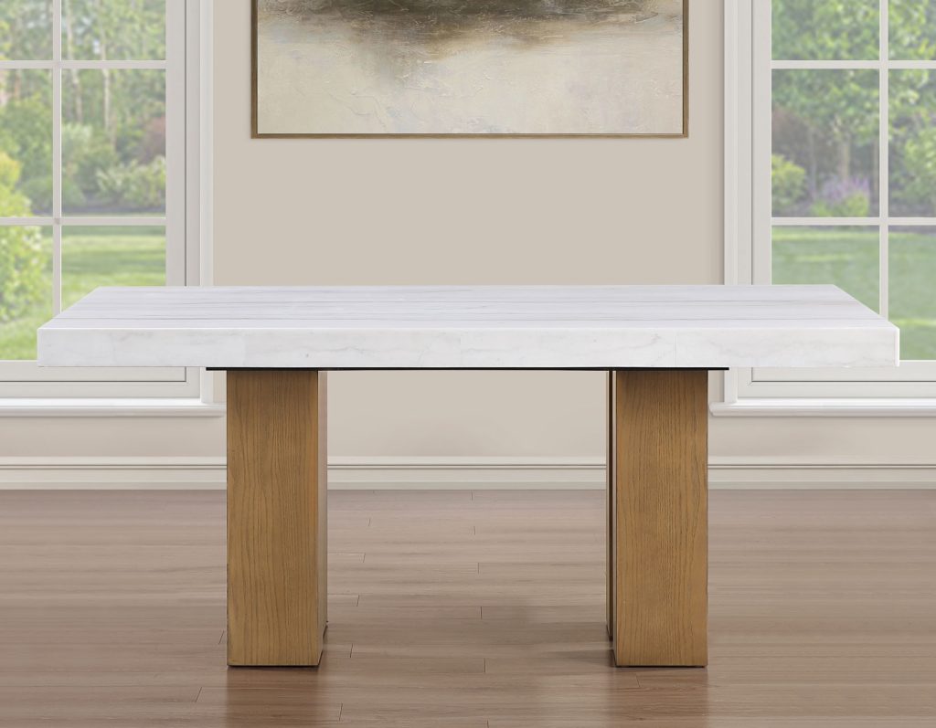 Artemis 70″ Rect White Marble Table, Tan Finish with 4 Brown Velvet Chairs by Steve Silver at Eve Furniture
