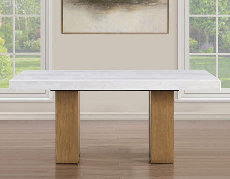 Artemis 70″ Rect White Marble Table, Tan Finish with 4 Brown Velvet Chairs by Steve Silver at Eve Furniture