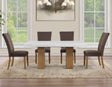 Artemis 70″ Rect White Marble Table, Tan Finish with 4 Brown Velvet Chairs by Steve Silver at Eve Furniture