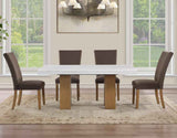 Artemis 70″ Rect White Marble Table, Tan Finish with 4 Brown Velvet Chairs by Steve Silver at Eve Furniture