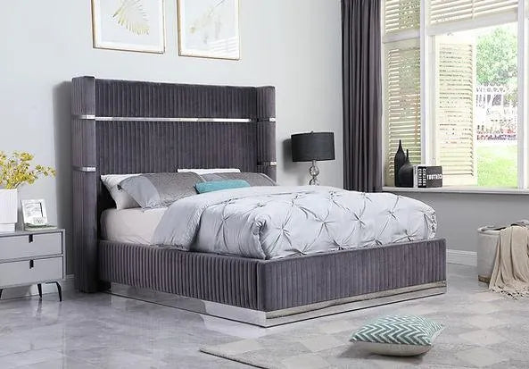 Aspen Grey Velvet King Platform Bed by New Era Innovations at Eve Furniture