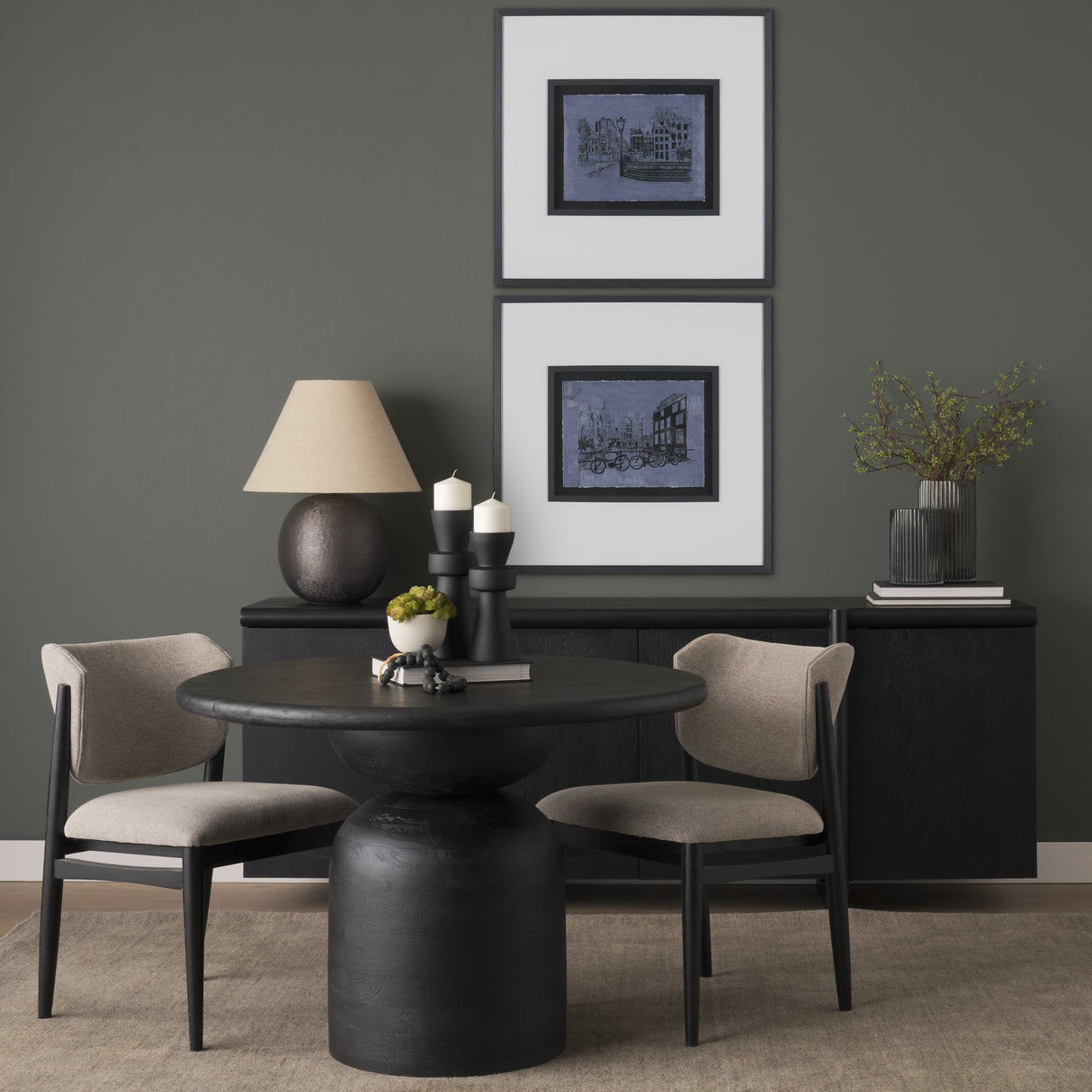 Atlas Black Wood Stacked Pedestal Base Round Dining Table by Mercana at Eve Furniture