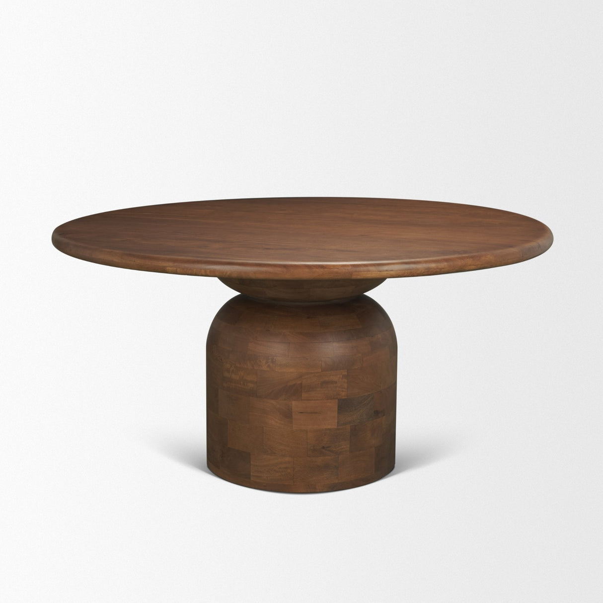 Atlas Warm Mid-Brown Wood Stacked Pedestal Base Round Dining Table by Mercana at Eve Furniture