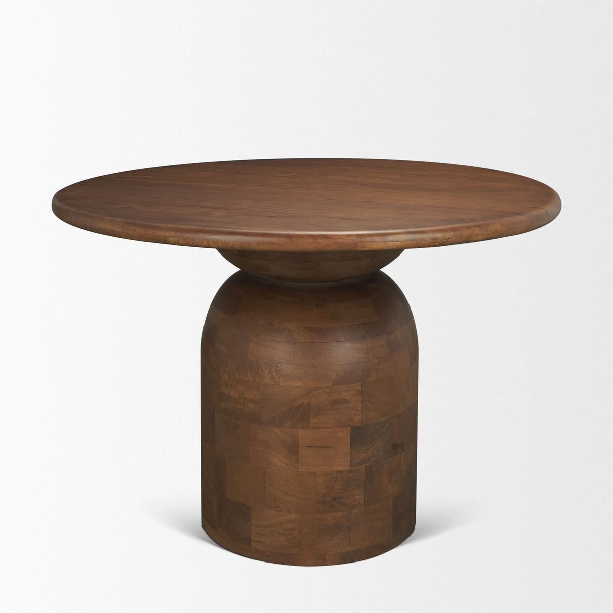 Atlas Warm Mid-Brown Wood Stacked Pedestal Base Round Dining Table by Mercana at Eve Furniture