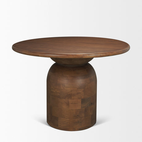 Atlas Warm Mid-Brown Wood Stacked Pedestal Base Round Dining Table by Mercana at Eve Furniture